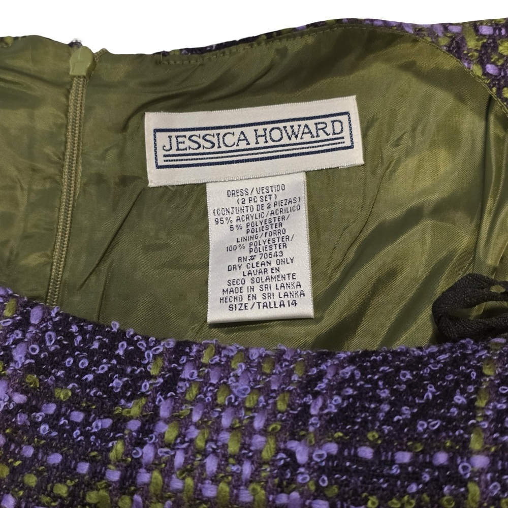 Jessica Howard Size 14 2-Piece Tweed Dress Jacket Set Purple Green Plaid Vintage - Picture 4 of 11